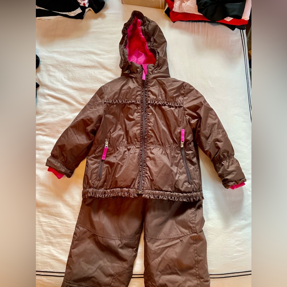 Gorgeous chocolate brown Garnet Hill Snowsuit with pink liner and accents